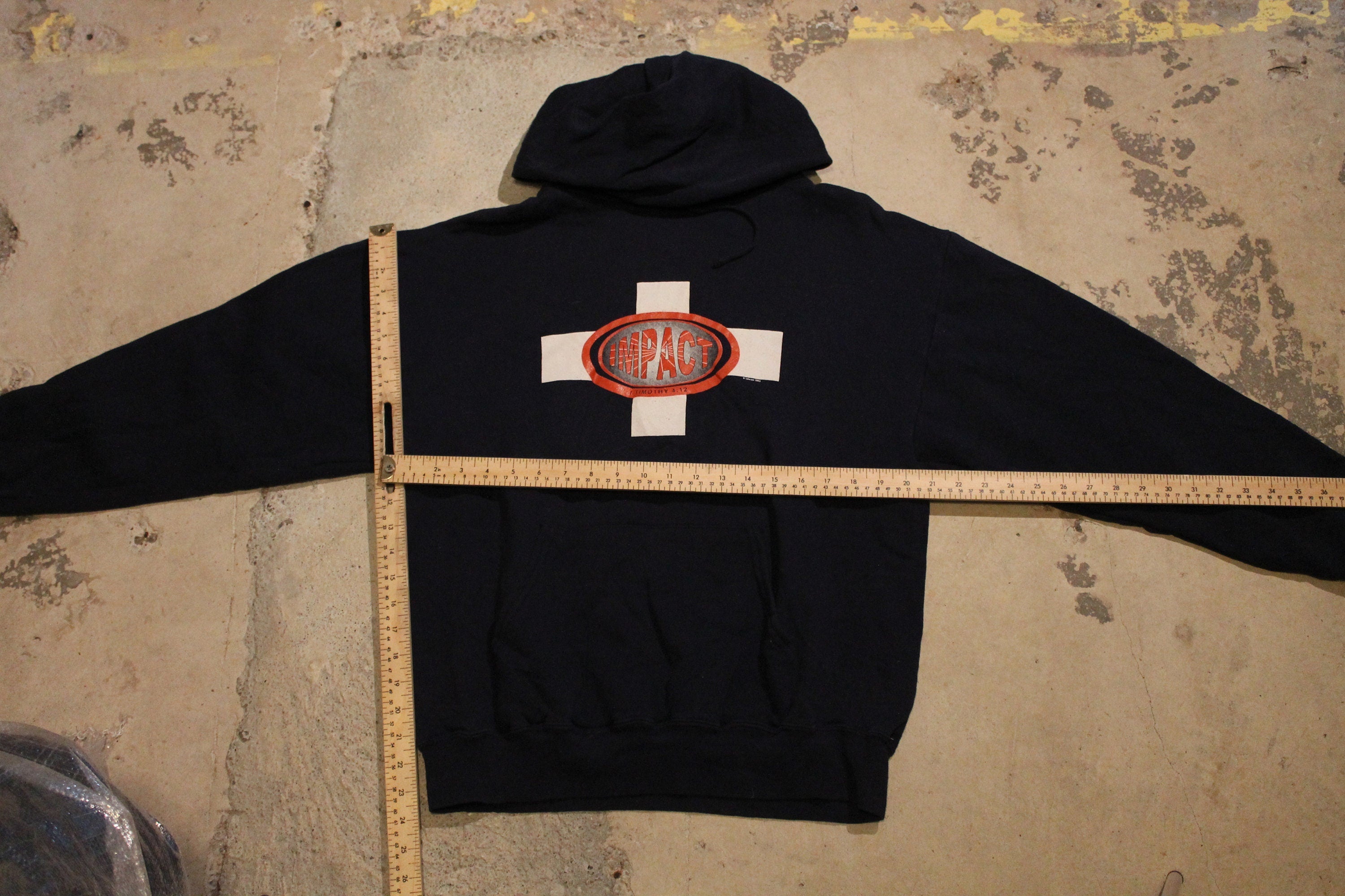Vintage 1990s Impact Graphic Hoodie  Impact Hoodie  Religious Cross Print  Vintage Cross Sweatshirt  Timothy 4:12  Pullover Sweatshirt