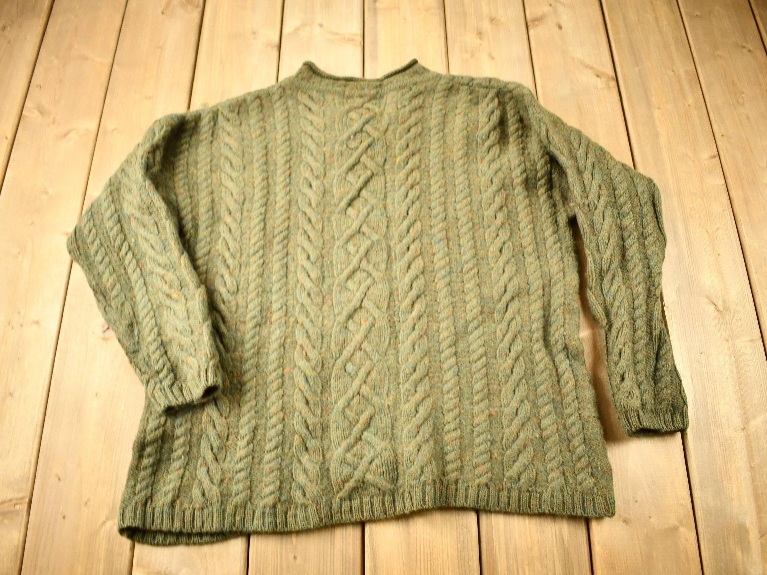 Vintage 1990s Paul James 100% Wool 3D Cable Knit V-Neck Sweater