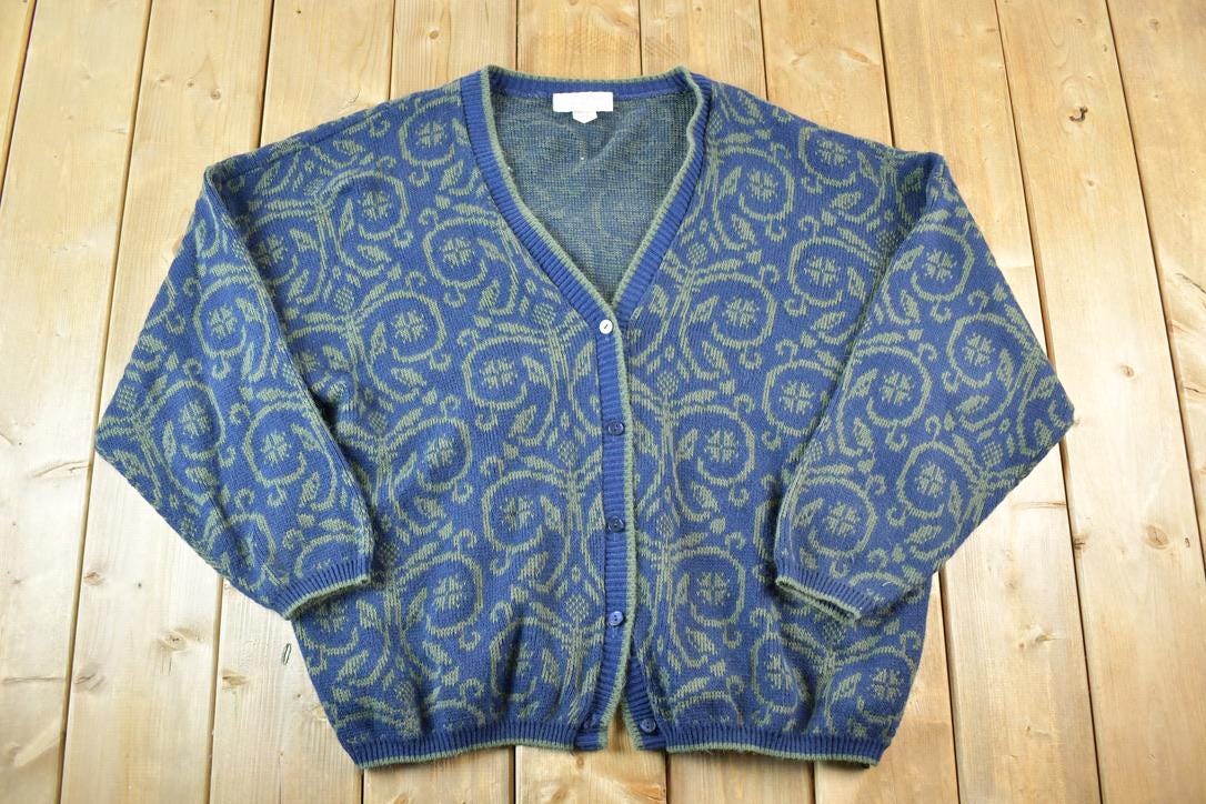 Vintage 1990s United States Sweaters Paisley Knit Cardigan Sweater Mens XL- XXL Made In USA  Preppy Knit Cardigan  Knit Vintage Cardigan