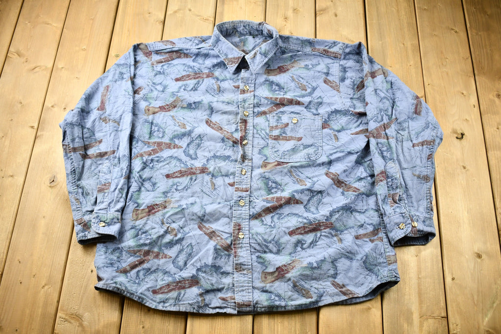 Vintage 1990s Canoe Graphic All Over Print Button Up Shirt