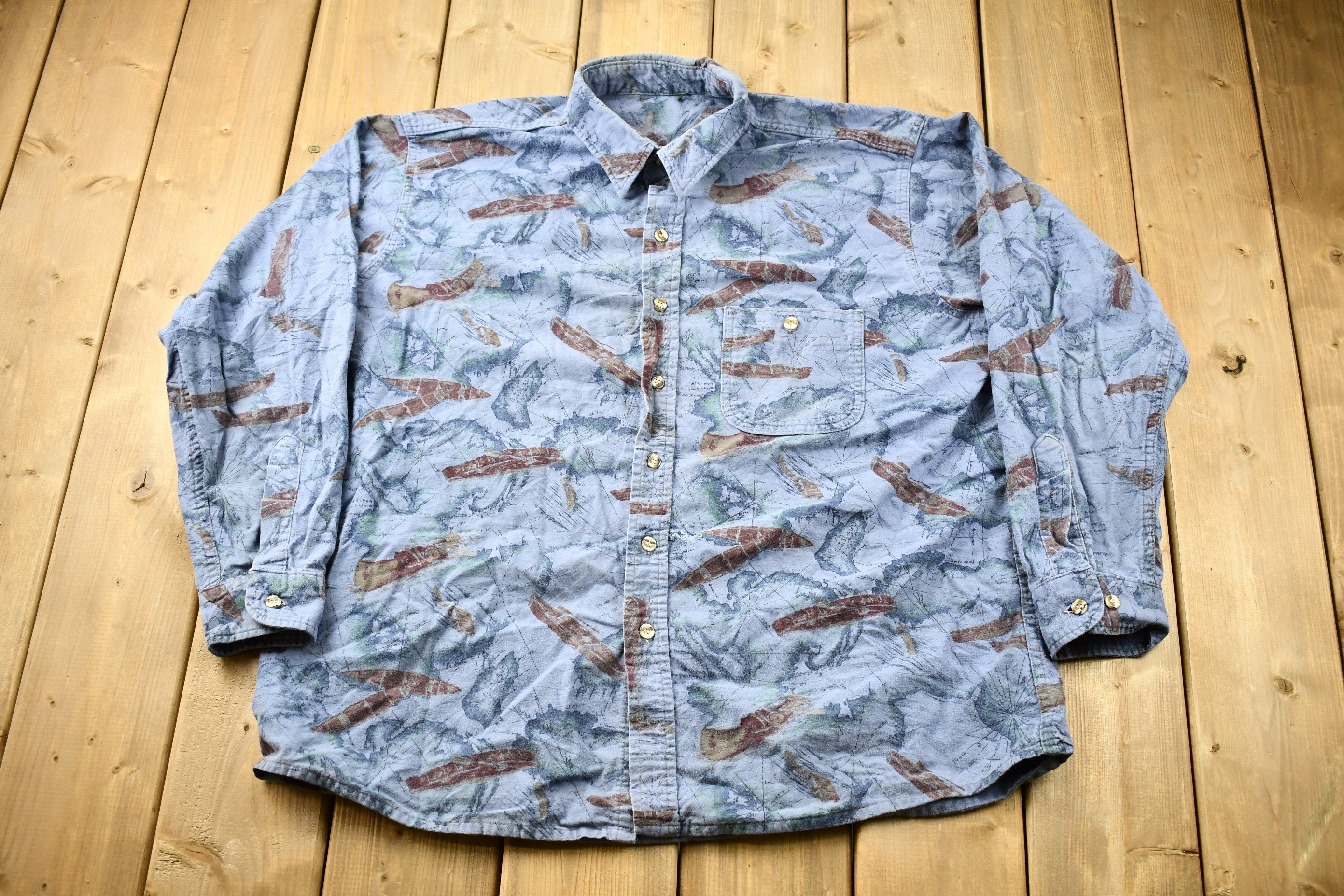 Vintage 1990s Canoe Graphic All Over Print Button Up Shirt