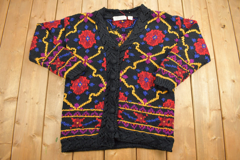 Vintage 1990s Karen Scott Floral Knit Cardigan Sweater / Vintage Cardigan / Button Up / Patchwork / Hand Knit / V Neck Sweater