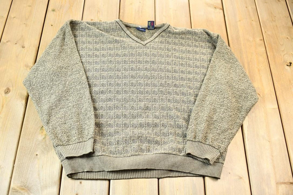 Vintage 1990s Beige Jantzen Signature Knit Abstract Pattern V-Neck Sweater / 90s V-Neck / Size XL / Boxy Fit