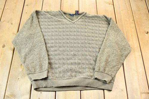 Vintage 1990s Beige Jantzen Signature Knit Abstract Pattern V-Neck Sweater / 90s V-Neck / Size XL / Boxy Fit