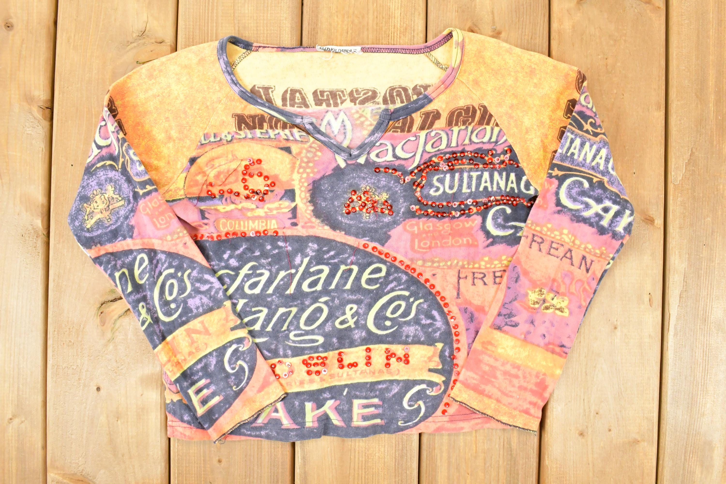 Vintage Y2K Cakes And Cafe Abstract Print AOP Crewneck Shirt Women's Cropped M