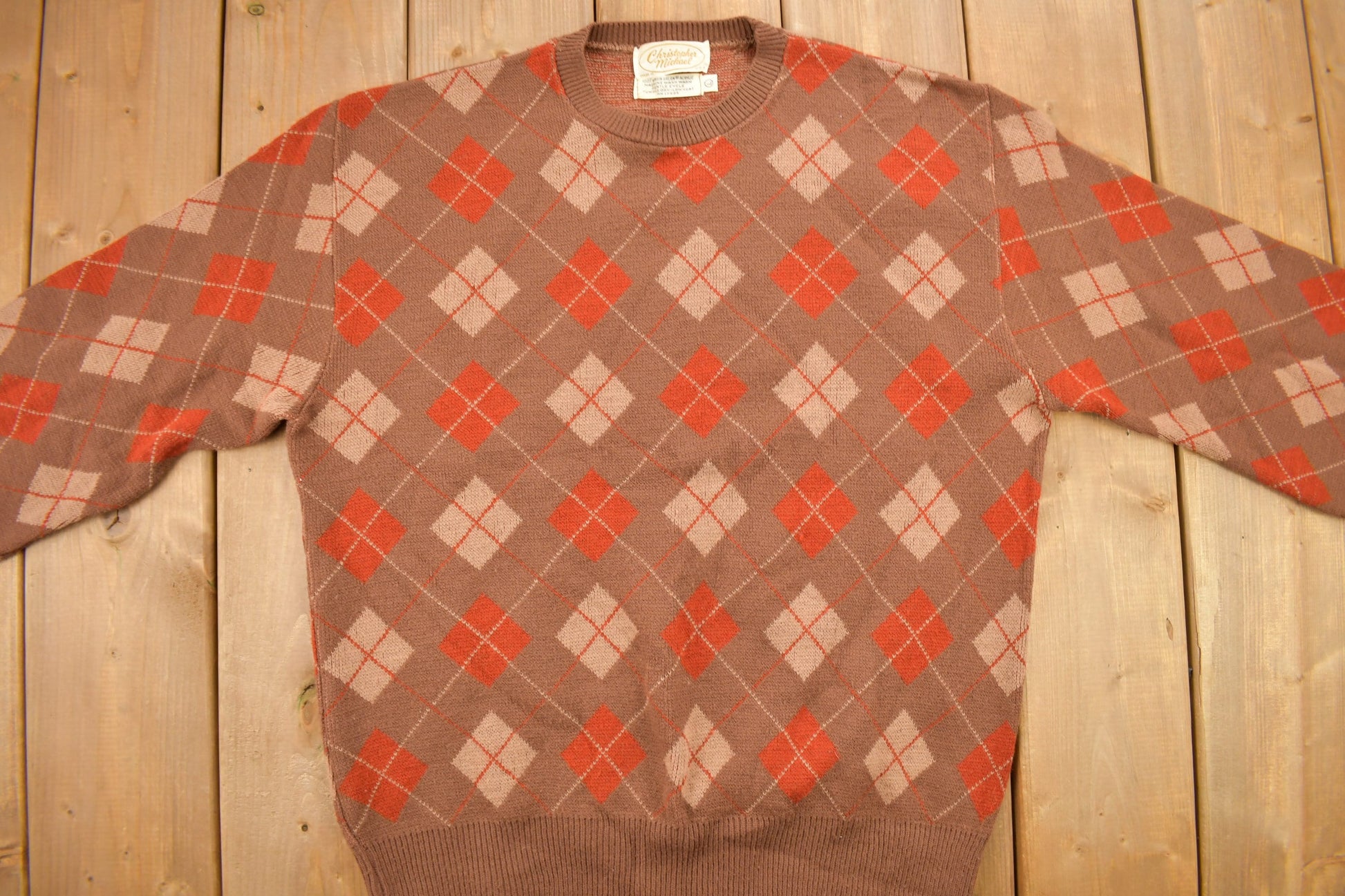 Vintage 1970s Christopher Michael Argyle Knitted Crewneck Sweater  Vintage 80s Crewneck  All Over Pattern  Colorful Sweatshirt