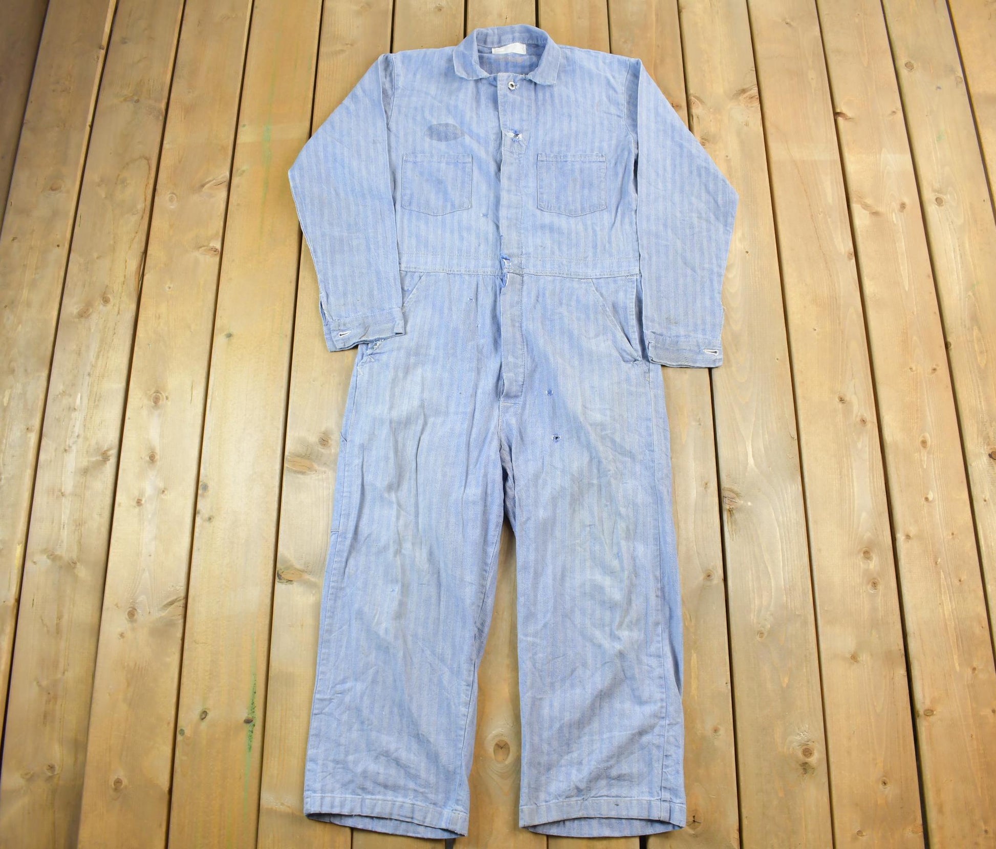 Vintage 1980s Distressed Hickory Striped Denim Coveralls Size 40