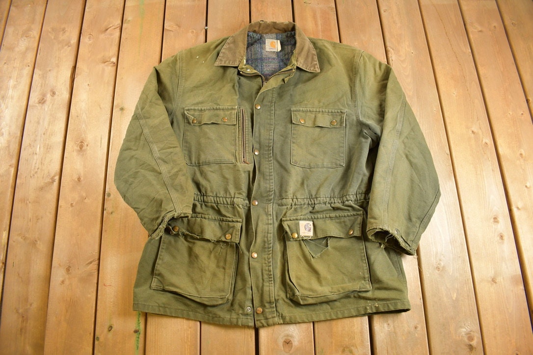 Vintage 1980s Army Green Carhartt Chore Coat Jacket