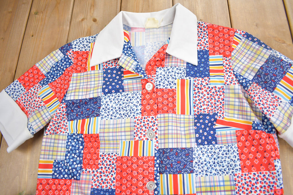 Vintage 1960s Patchwork Button Up Short Sleeve Polyester Shirt