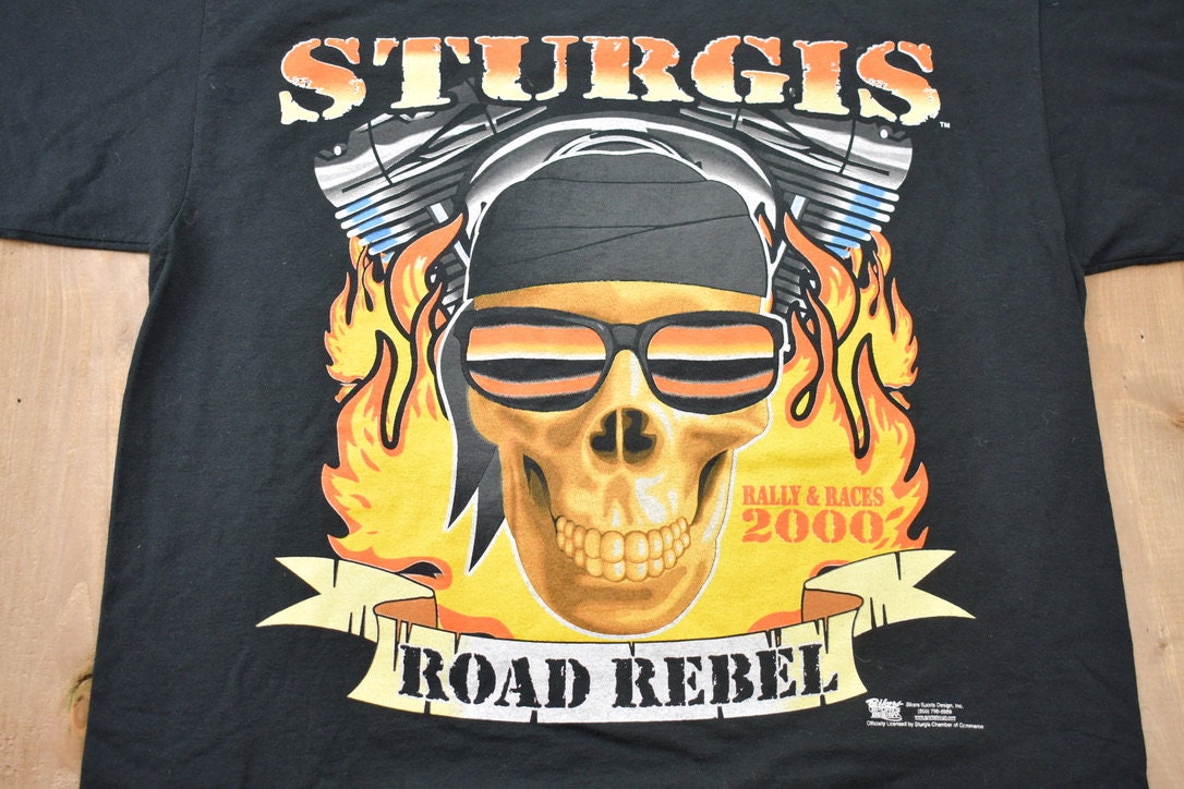 Vintage 2000 Sturgis Road Rebel 60th Anniversary Skull Flames T-Shirt Motorcycles