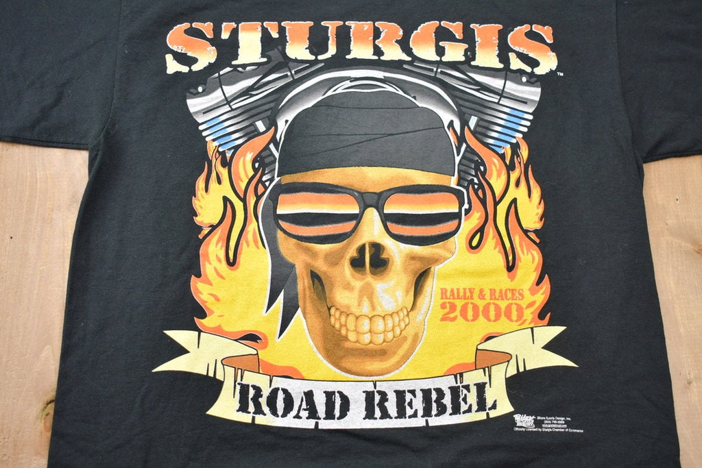 Vintage 2000 Sturgis Road Rebel 60th Anniversary Skull Flames T-Shirt Motorcycles