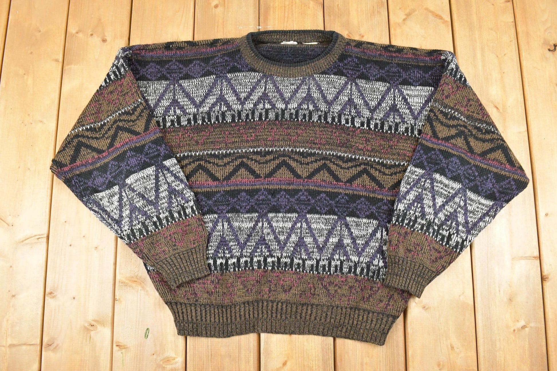 Vintage 1990s Abstract Knit Crewneck Sweater Men's L / 90s Knitted Sweatshirt / Vintage Preppy Knits
