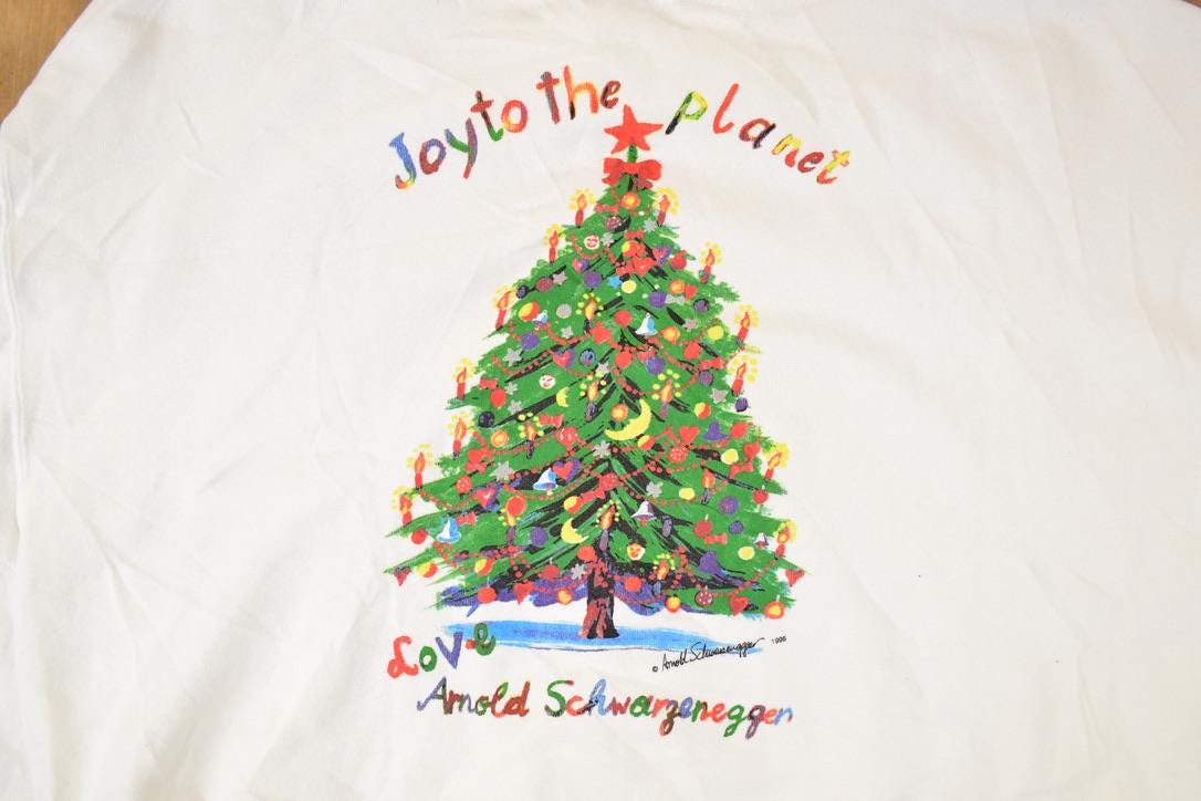 Vintage 1990s Planet Hollywood Arnold Schwarzenegger Graphic Print Christmas Tree Crewneck Sweatshirt Mens XL