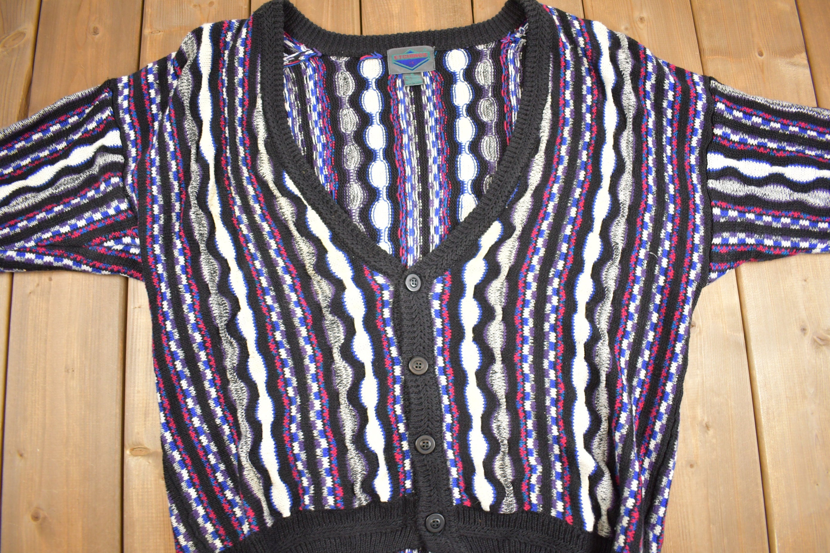 Vintage 1990s Etchings 3-D Knit Cardigan Sweater  Grandpa Sweater  Made in Canada  Vintage Streetwear  Coloured Cable Knit