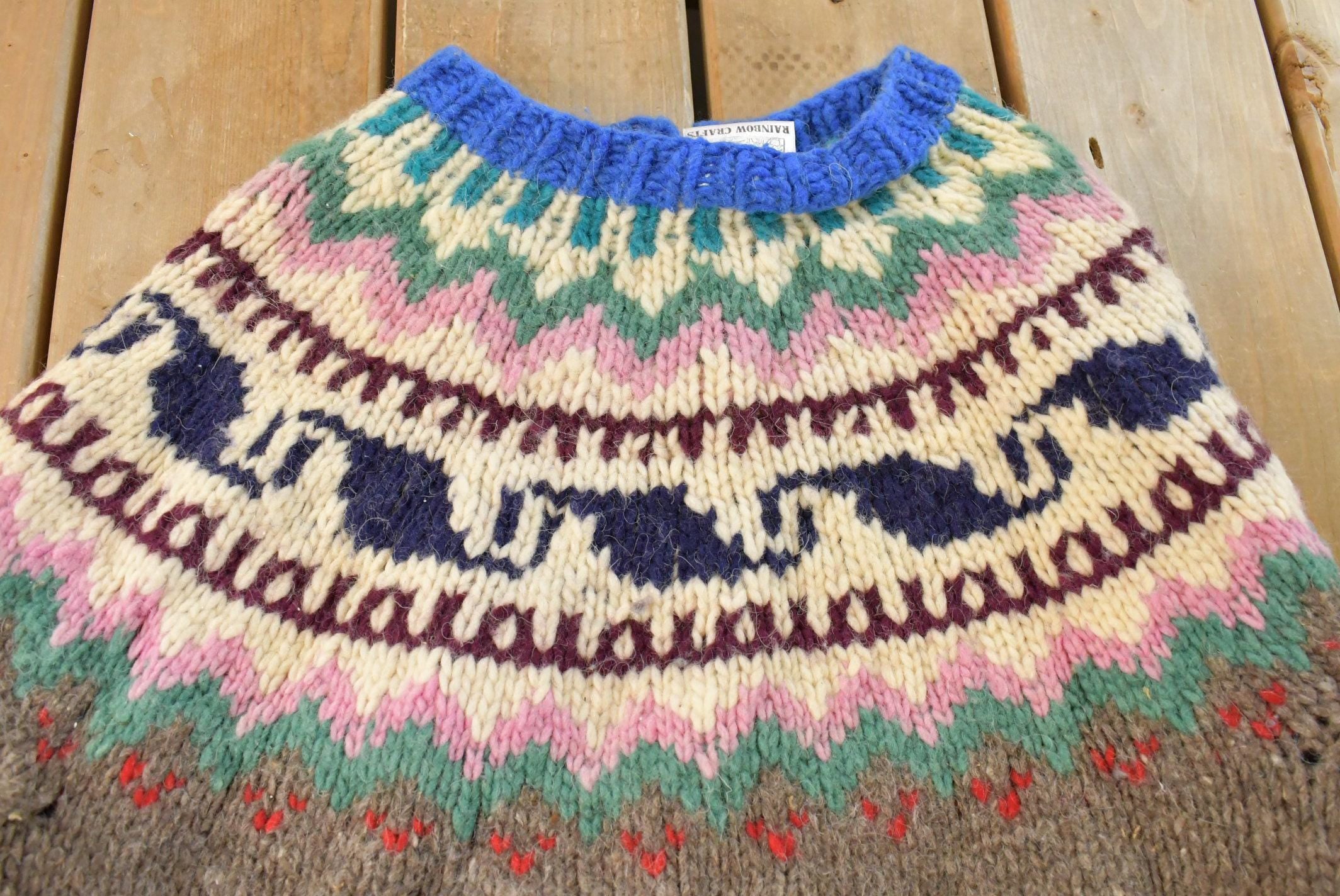 Vintage 1980s Rainbow Crafts Wool Hand Knit Cardigan Sweater Women's L