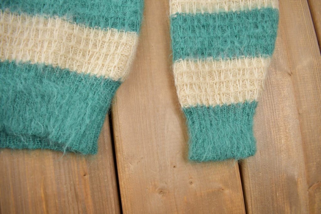 Vintage 1970s Wool Knit Bow Tie Green Beige Stripe Sweater