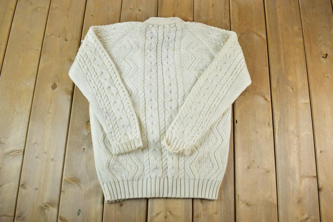 Vintage 1990s Cable Knit Perfect Mild Distress Cream Cardigan Sweater Made In USA