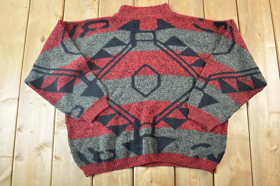 Vintage 1990s Knit Abstract Pattern Crewneck Sweater Mens L