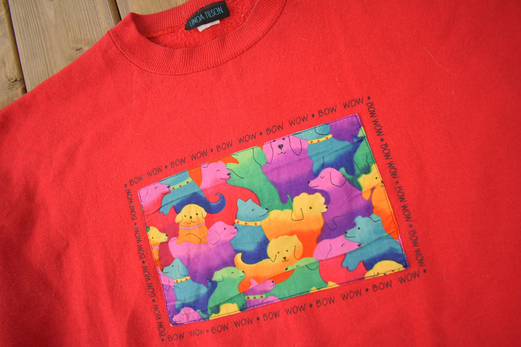 Vintage 1990s Linda Tilson Cute Animals Bow Wow Crewneck Sweater Made In USA