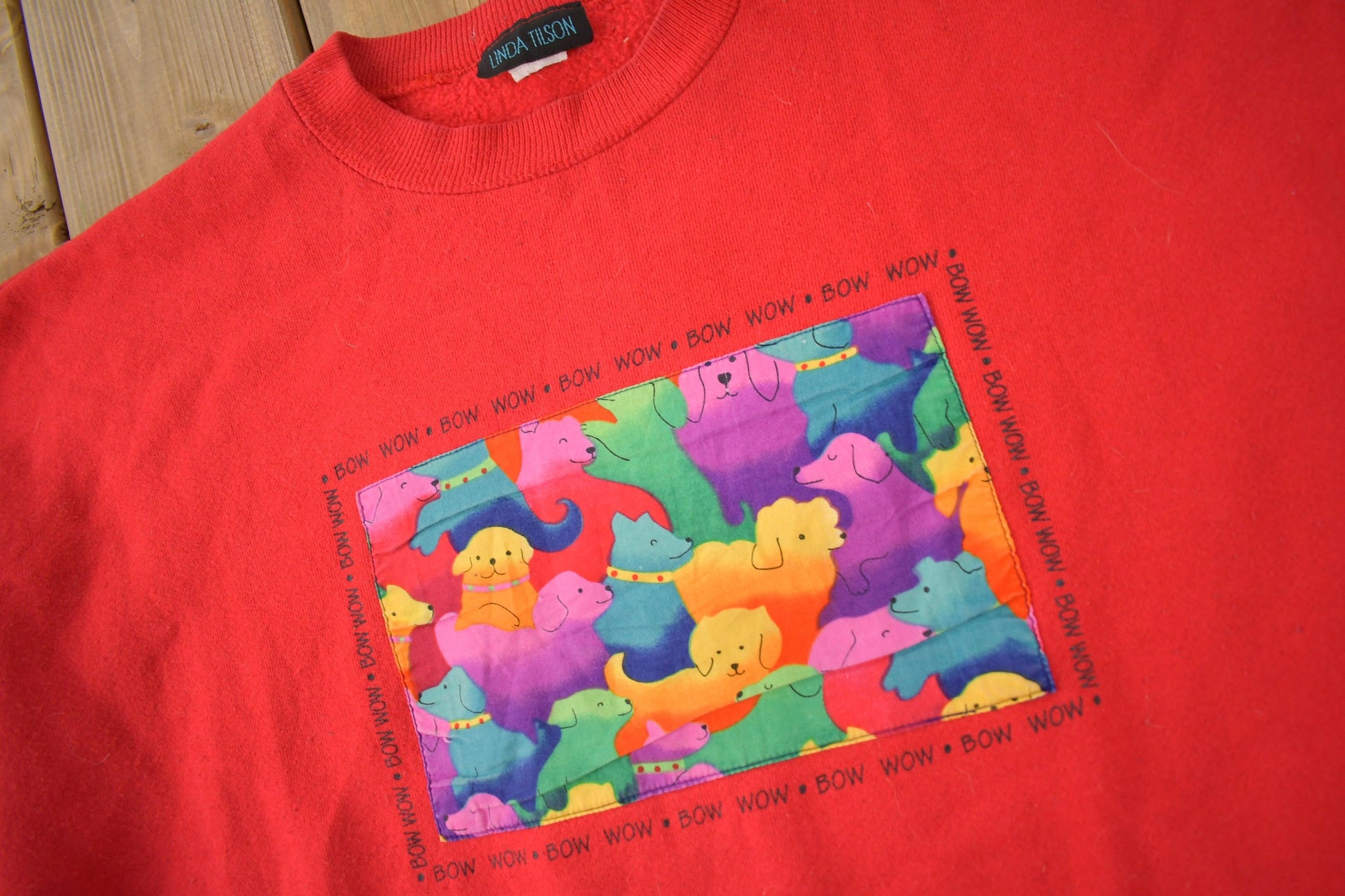 Vintage 1990s Linda Tilson Cute Animals Bow Wow Crewneck Sweater Made In USA