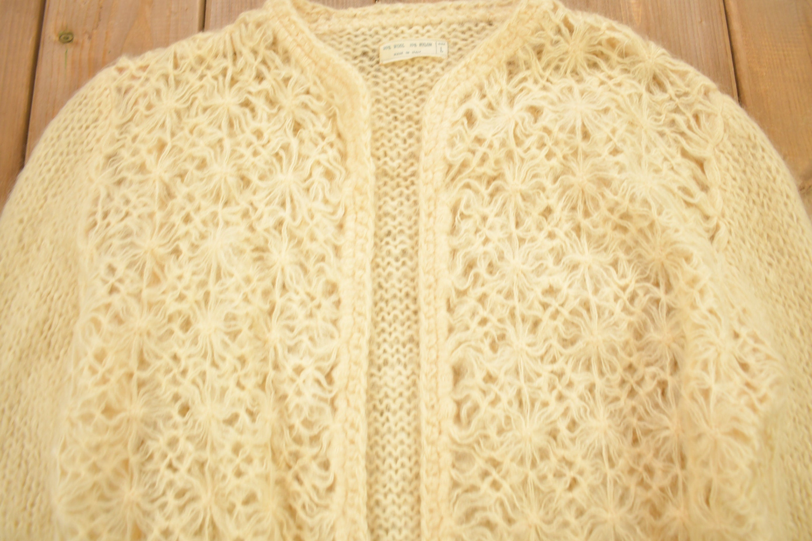 Vintage 1970s Crochet Knitted Open Shall Wool Cardigan Sweater