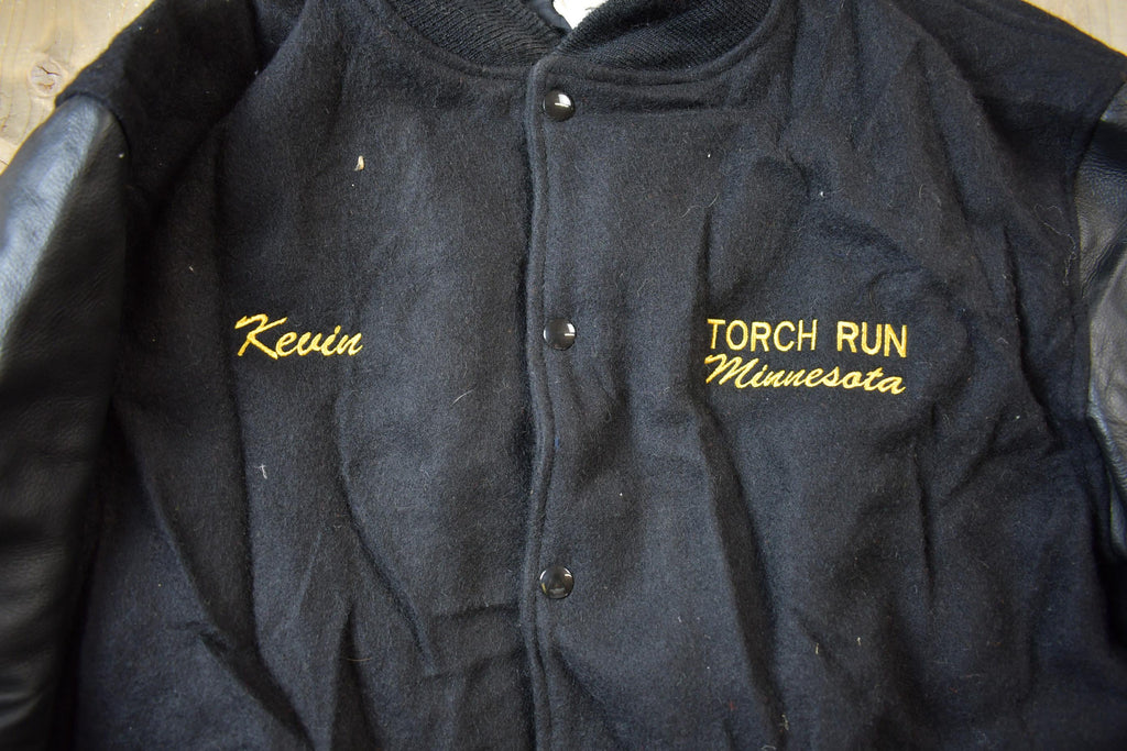 Vintage 1980s Minnesota Torch Run Embroidered Name Letterman Jacket Made In USA