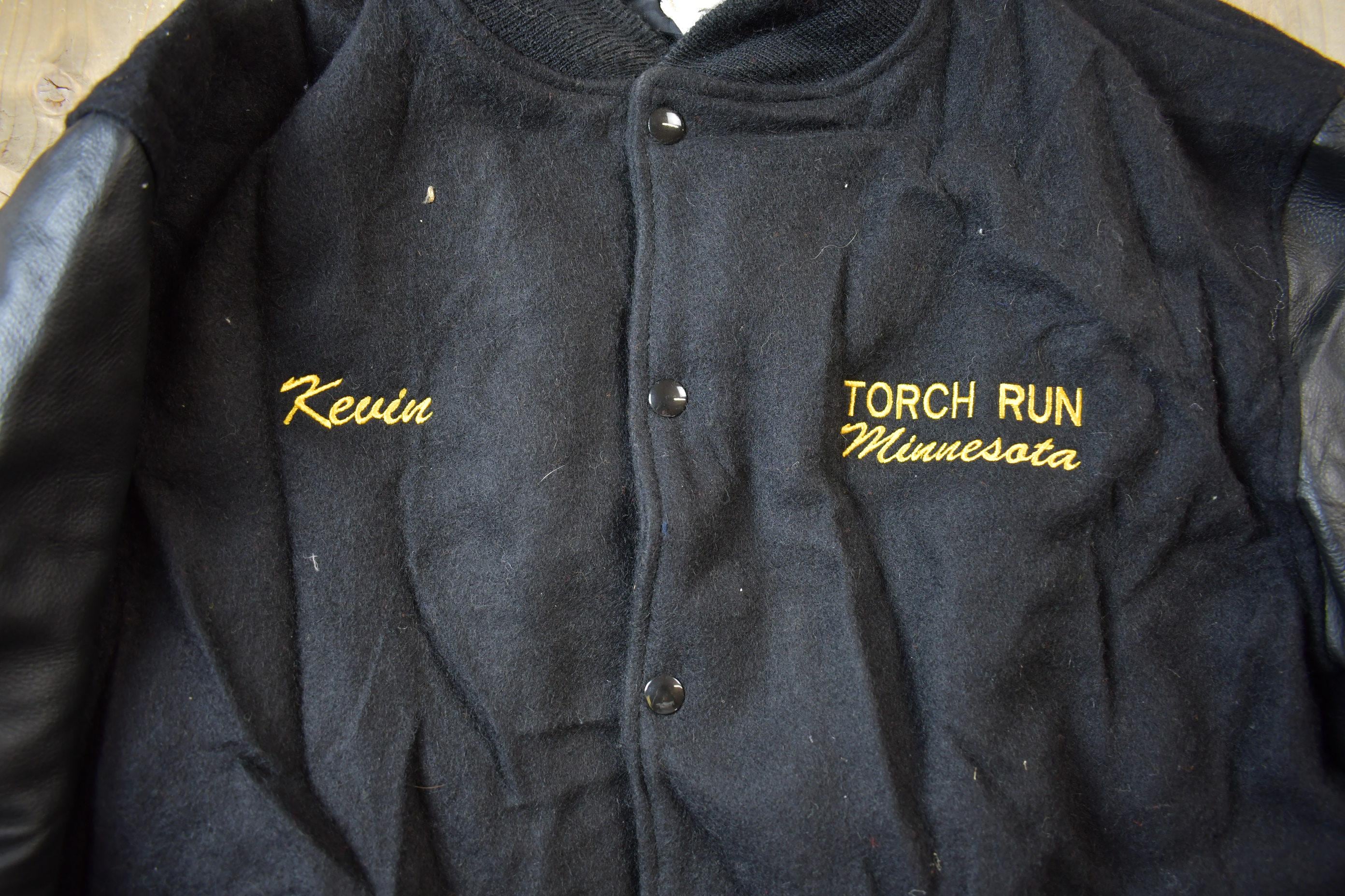 Vintage 1980s Minnesota Torch Run Embroidered Name Letterman Jacket Made In USA