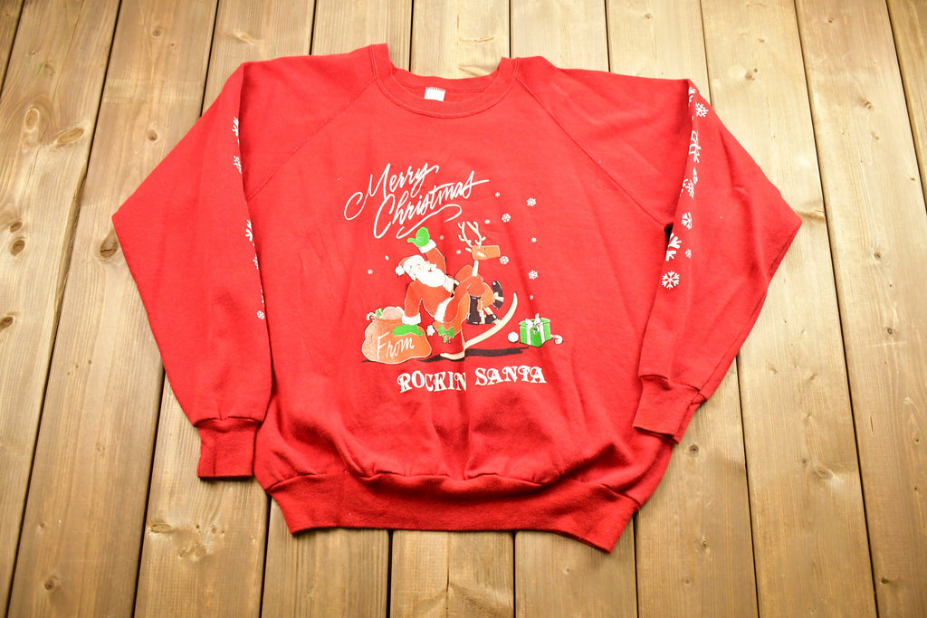 Vintage 1990s Christmas Sweater , 90s Holiday Crewneck , Festive Graphic , From Rockin Santa And His Rockin Reindeer , Made In USA