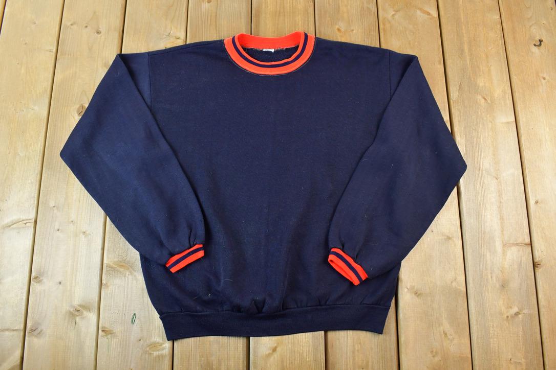 Vintage 1980s Blank Striped Collar Crewneck Sweatshirt