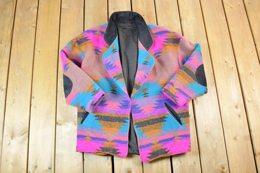 Vintage 1990s Southwestern Aztec Print Light Knit Lined Jacket Made In USA