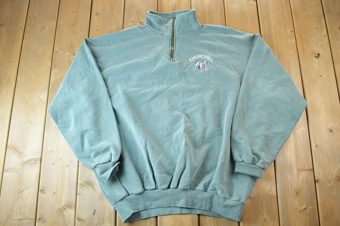 Vintage 1990s Churchill Bulldogs Quarter Zip Mock Neck Collegiate Sweater