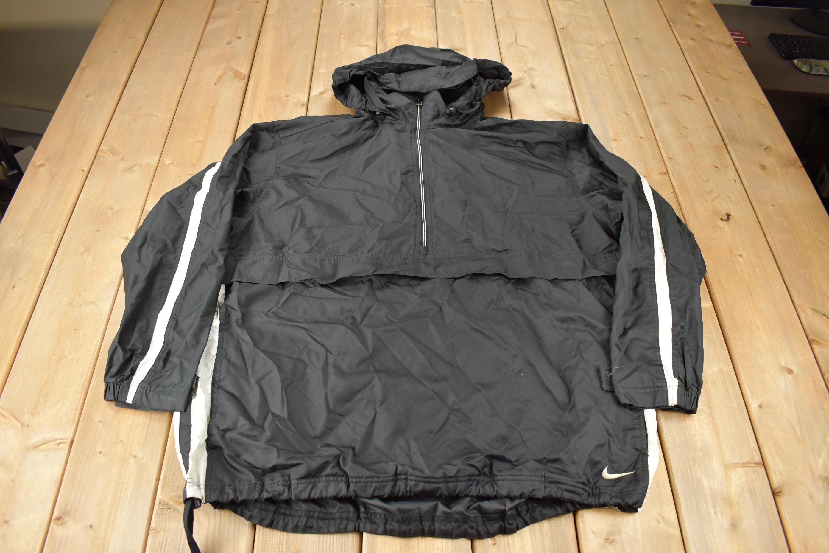 Vintage 1990s Black Nike Mini Swoosh Hooded Windbreaker Jacket Size XXL