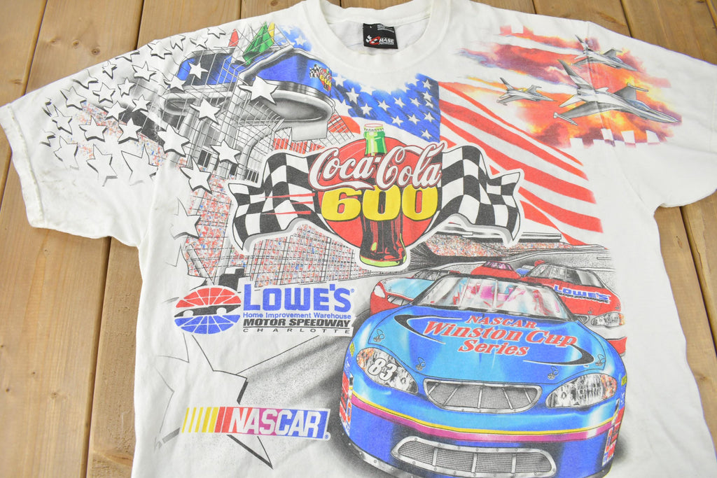 Vintage 1990s NASCAR Coca Cola 600 The Great American Classic All Over Print Racing Graphic T-Shirt Made In USA