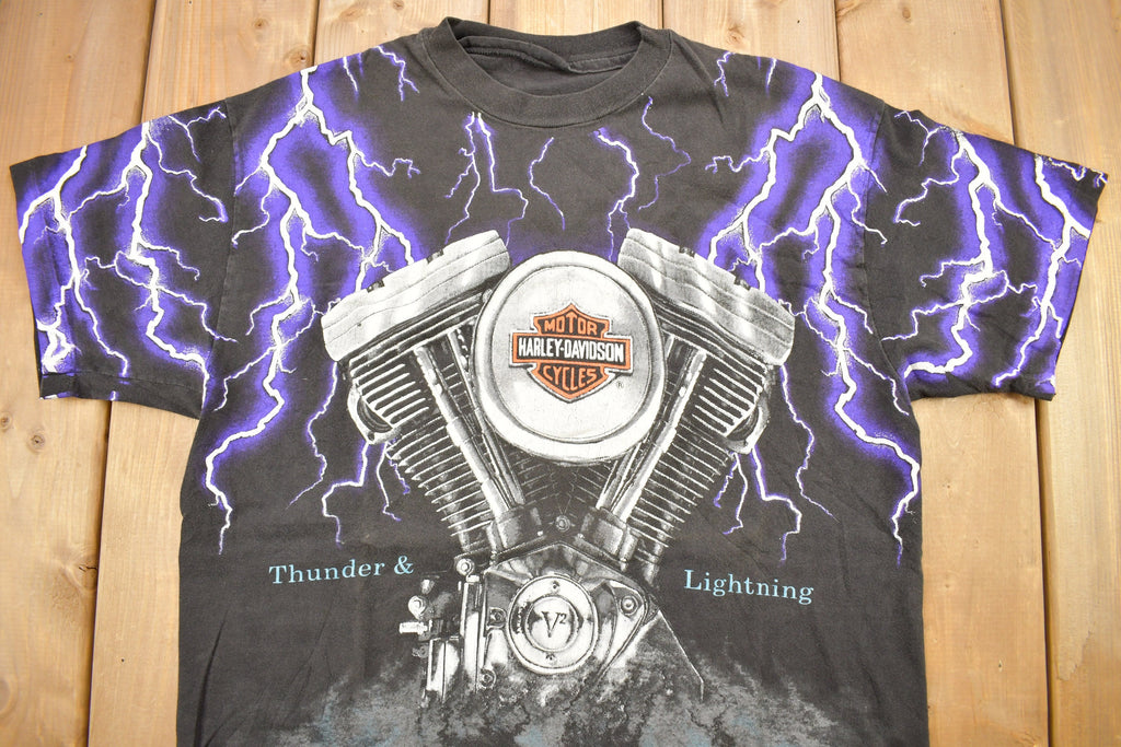 Vintage 1992 Harley Davidson Motorcycles Thunder & Lightning All Over Print T-Shirt