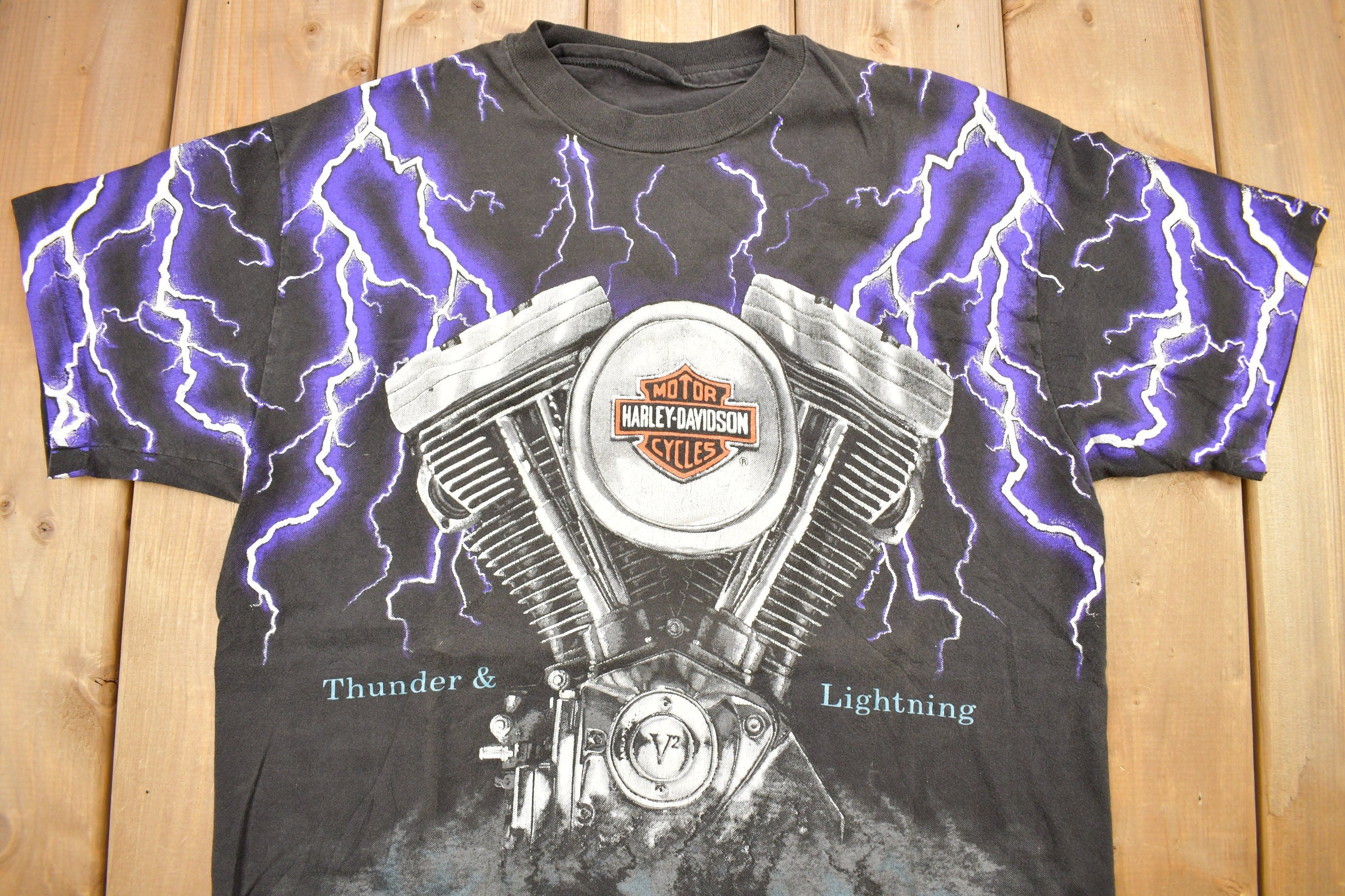 Vintage 1992 Harley Davidson Motorcycles Thunder & Lightning All Over Print T-Shirt