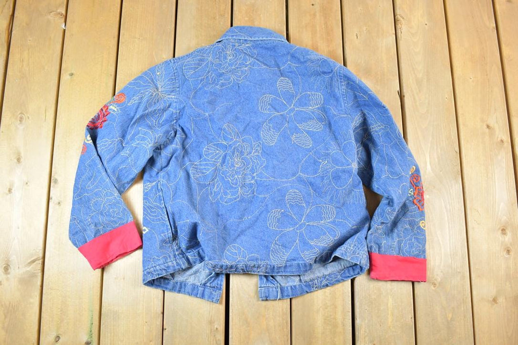 Vintage 1990s Tantrums Embroidered Floral Print 100% Cotton Lined Jean Jacket