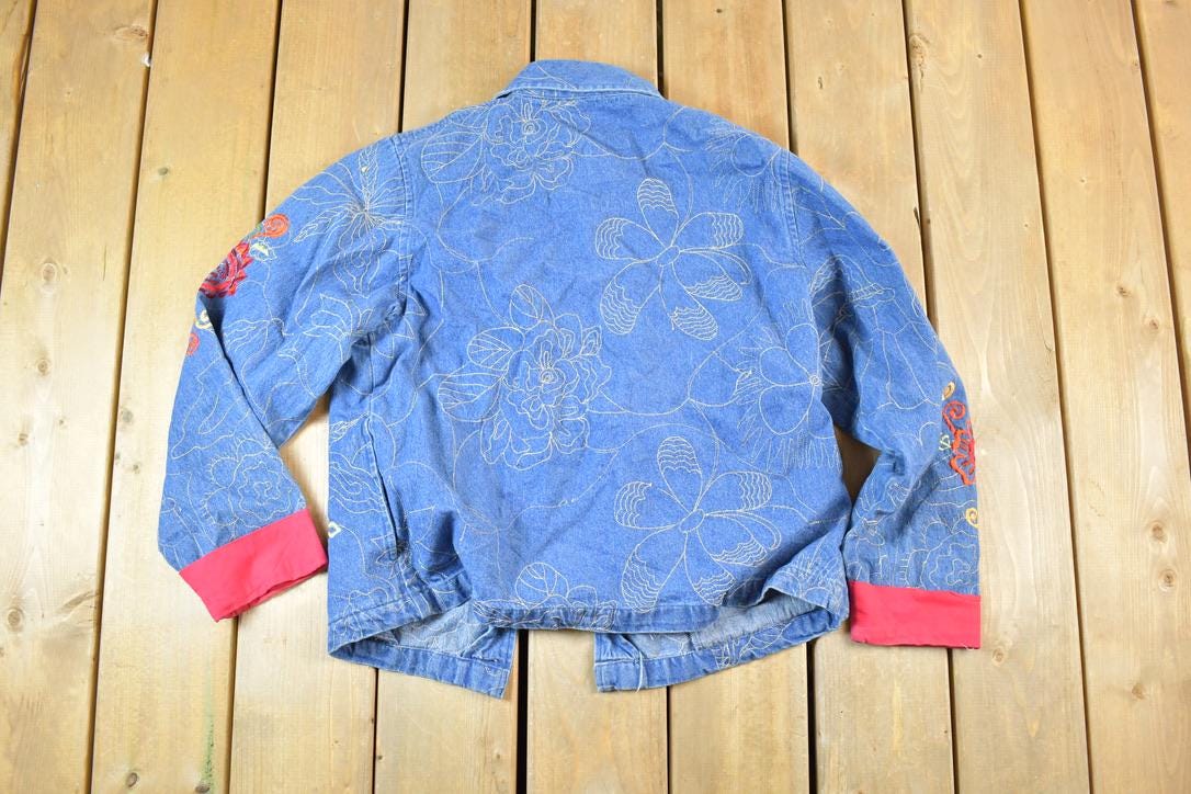 Vintage 1990s Tantrums Embroidered Floral Print 100% Cotton Lined Jean Jacket