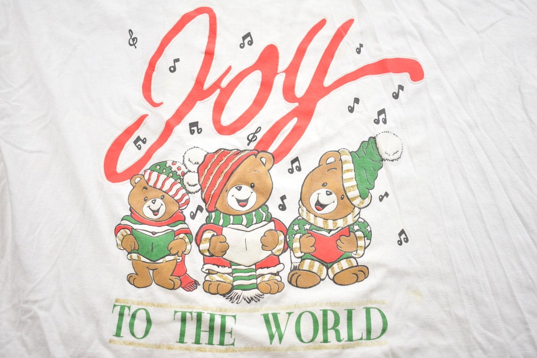 Vintage 1990s Joy to The World Christmas Carol Teddy Bear Theme Graphic T-Shirt