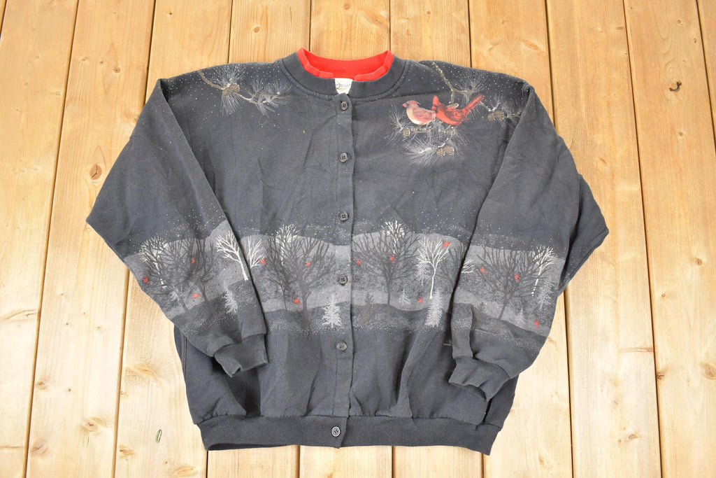 Vintage 1990s Artisans Winter Cardinal AOP Double Collar Button Up Crewneck Sweatshirt Women's L