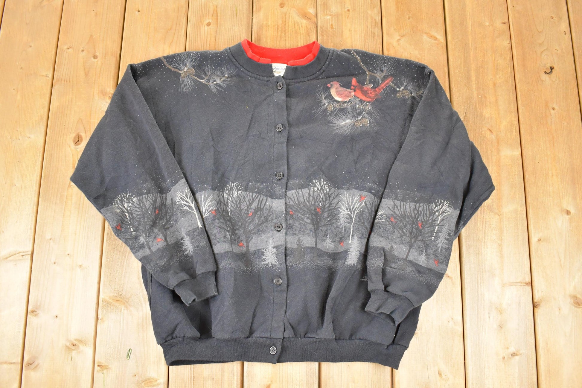 Vintage 1990s Artisans Winter Cardinal AOP Double Collar Button Up Crewneck Sweatshirt Women's L / Made In USA / 90's Nature Sweater