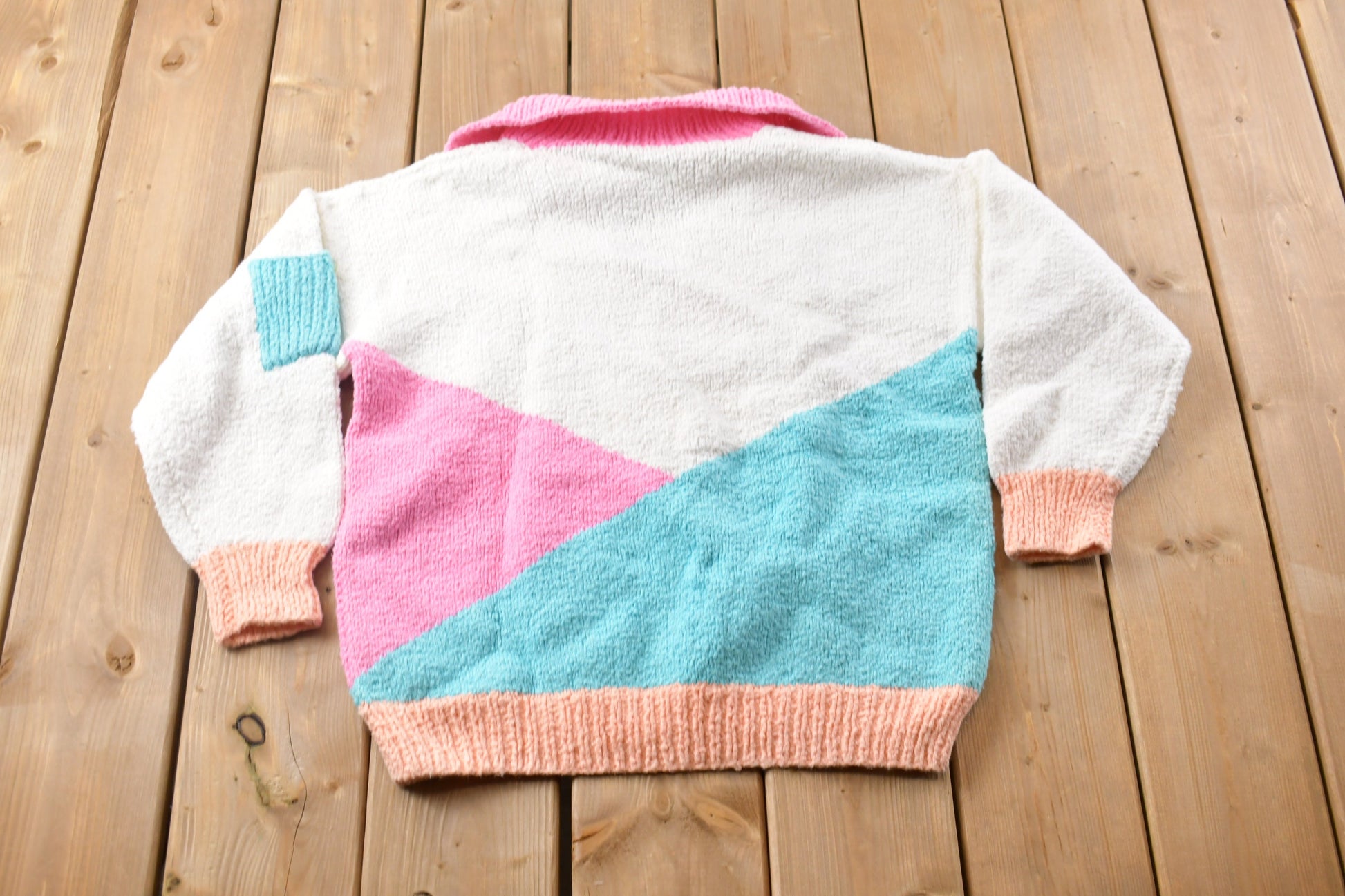 Vintage 1980s Abstract Colour Block Knitted Collared Sweater