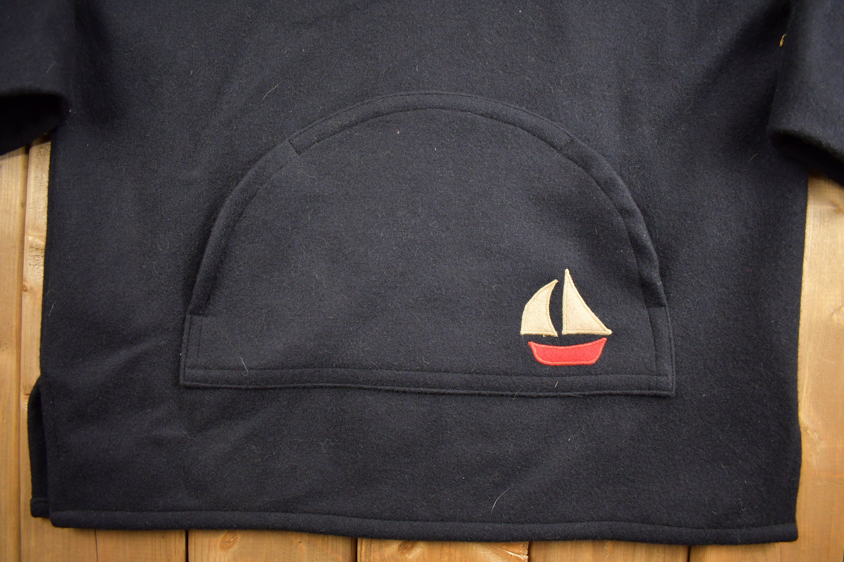 Vintage 1980s 100% Wool Black Sail Boat Embroidered Mock Neck Sweater