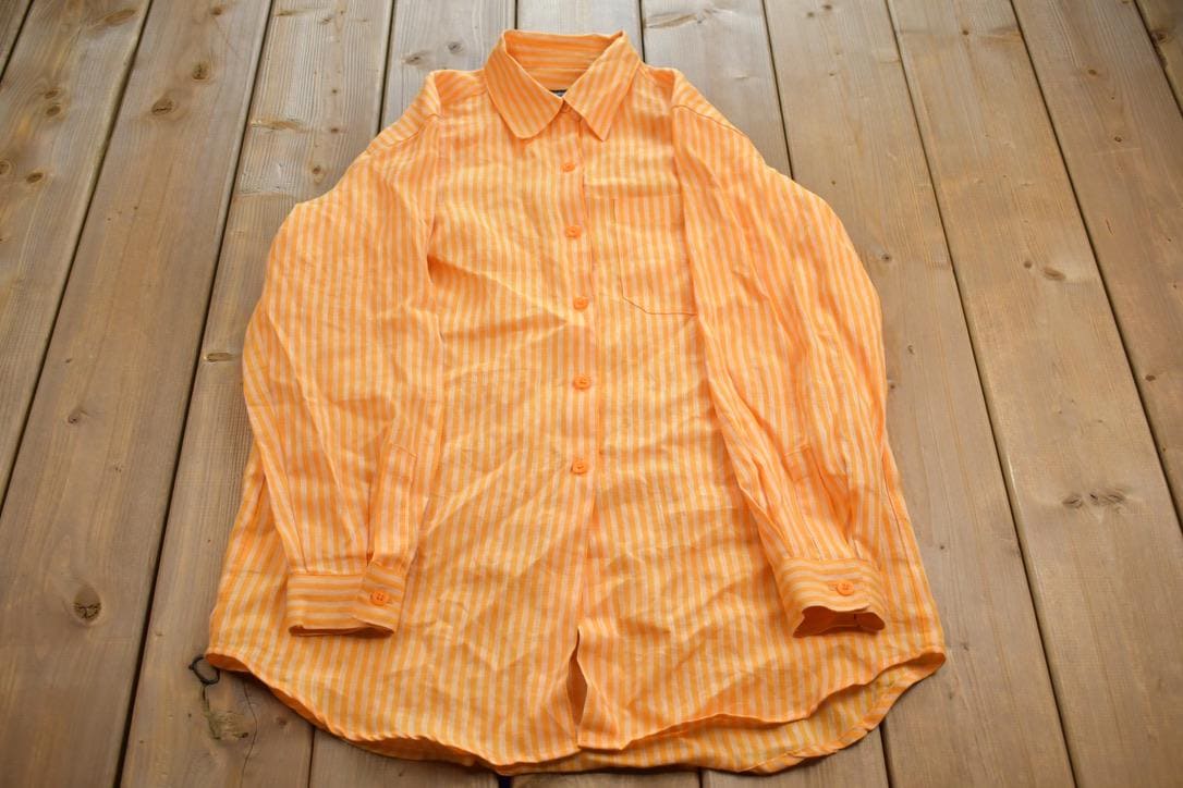 Vintage 1990s Liz Claiborne Lizsport Linen Striped Formal Button Up Shirt