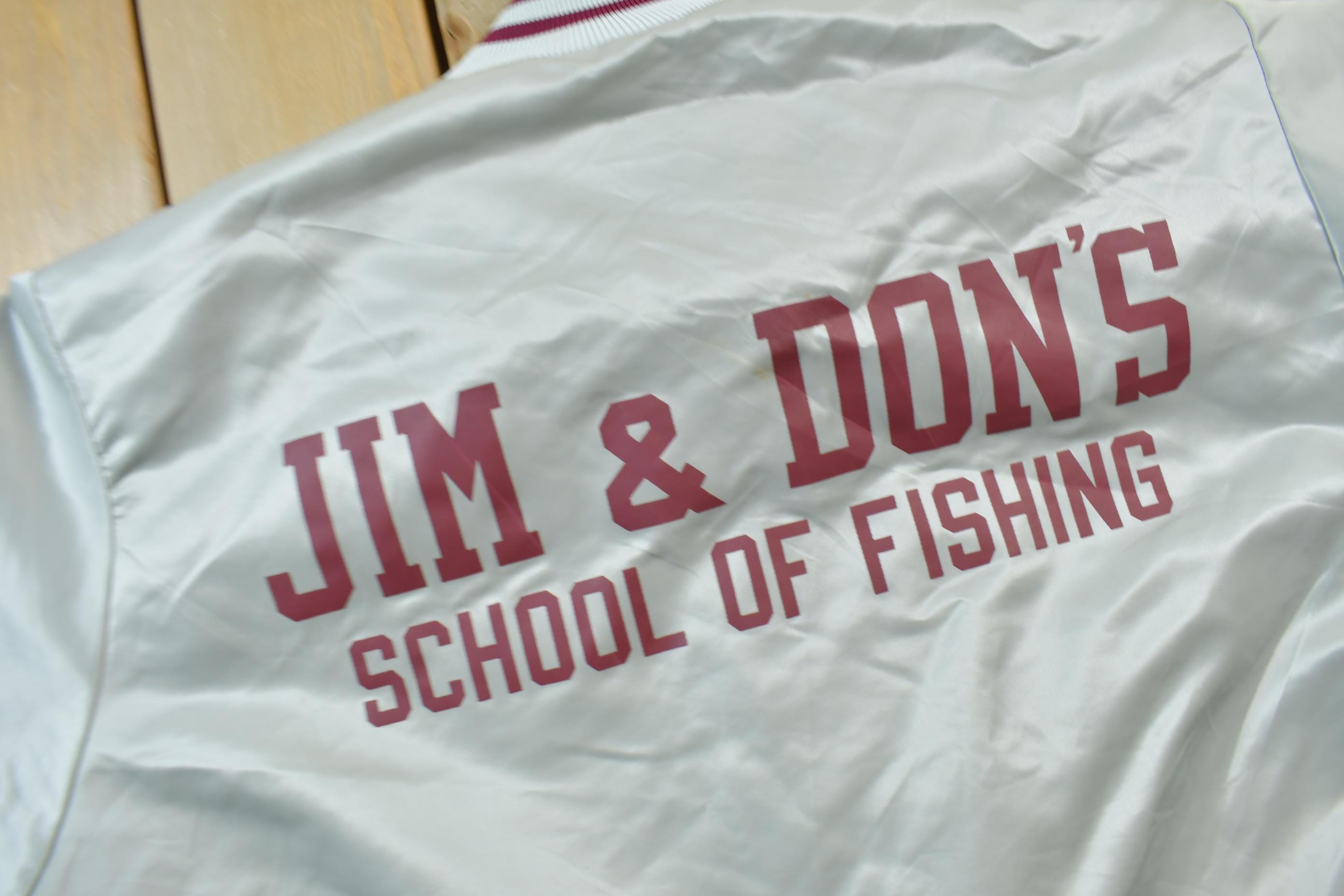 Vintage 1990s Jim 7 Dons School Of Fishing Snap Button Satin Jacket Made In USA