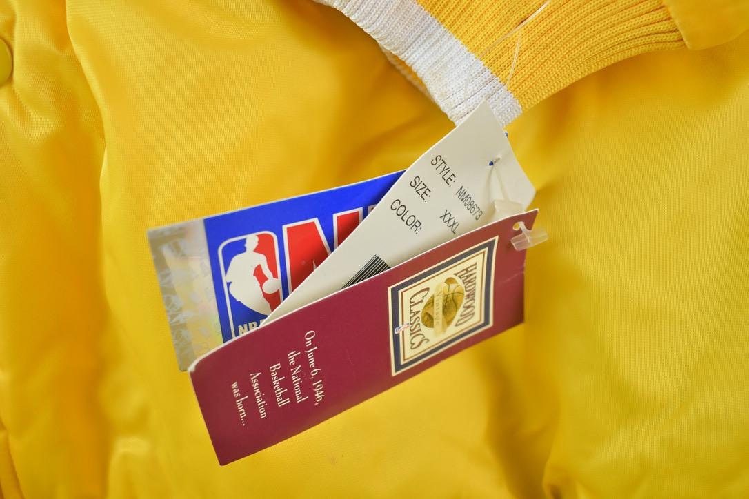 Vintage 1990s Deadstock NBA Hardwood Classics MPLS Minneapolis Lakers Satin Button Up Windbreaker Basketball Jacket