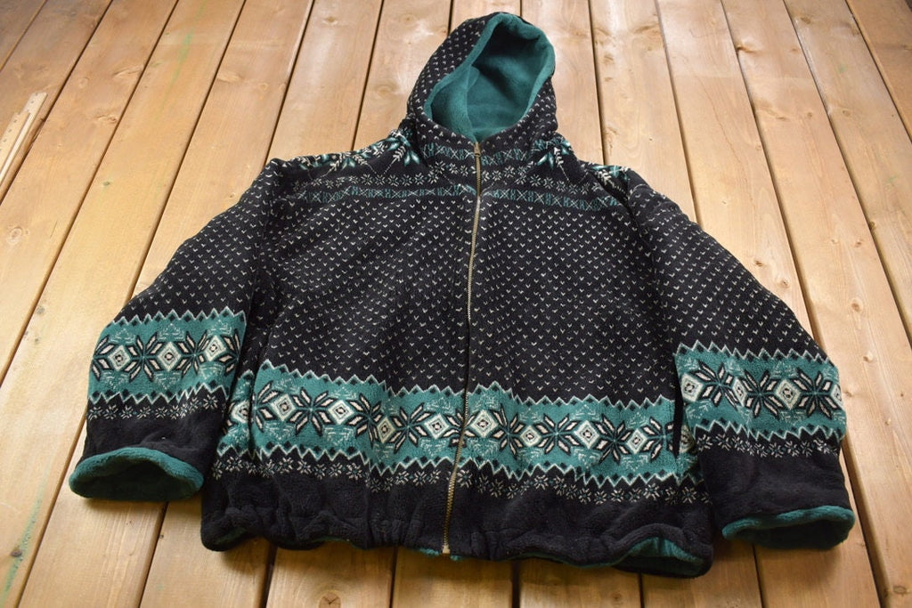 Vintage 1990s Winter Themed All Over Zip Up Fleece Sweater