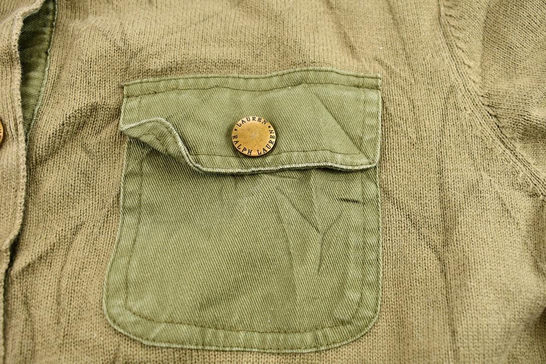 Vintage 1990s Women's Ralph Lauren Olive Drab Green Knit Short Sleeve Button Up Sweater