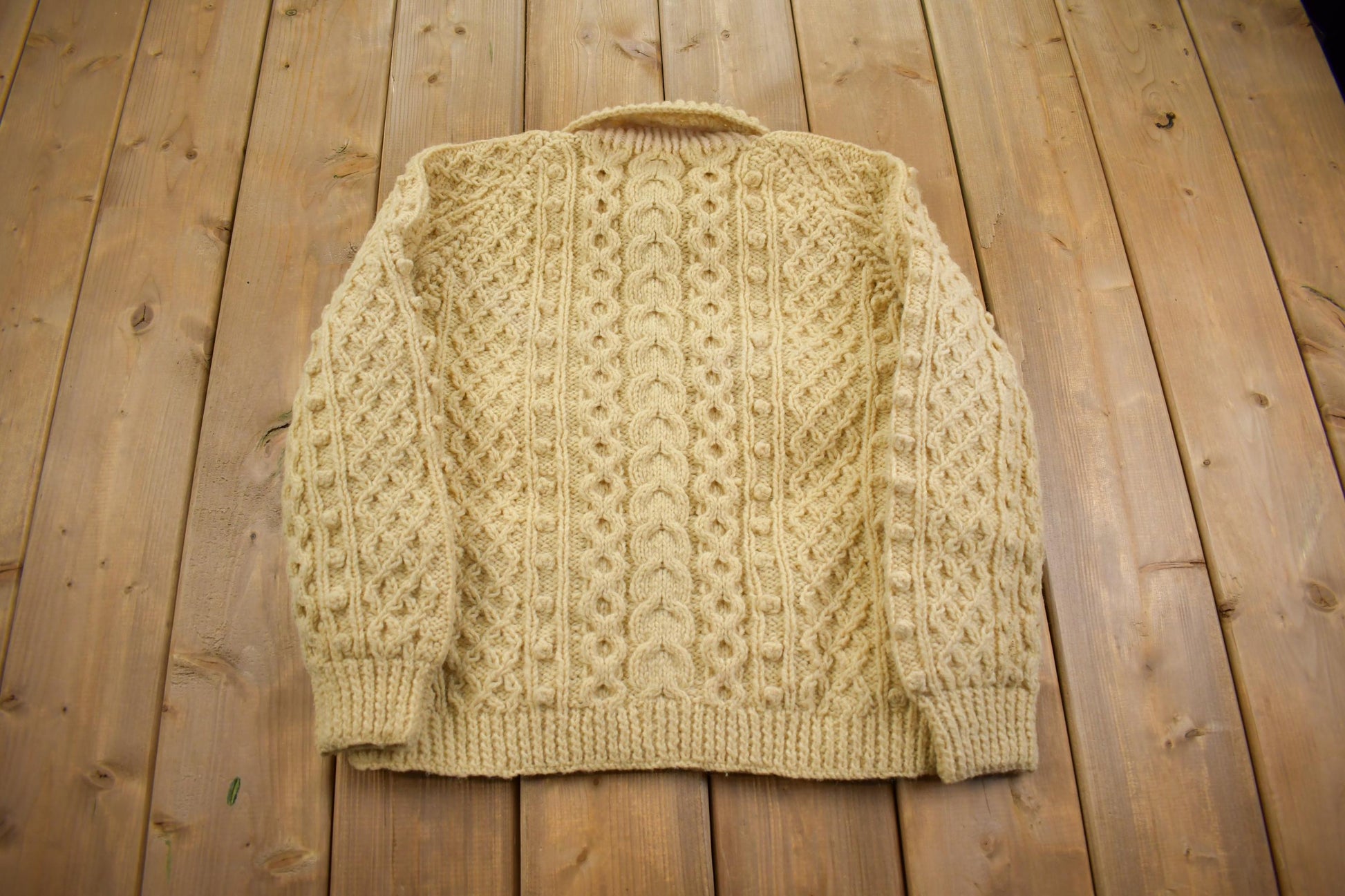 Vintage 1980s 100% Wool Cable Knit Fisherman Turtleneck Sweater