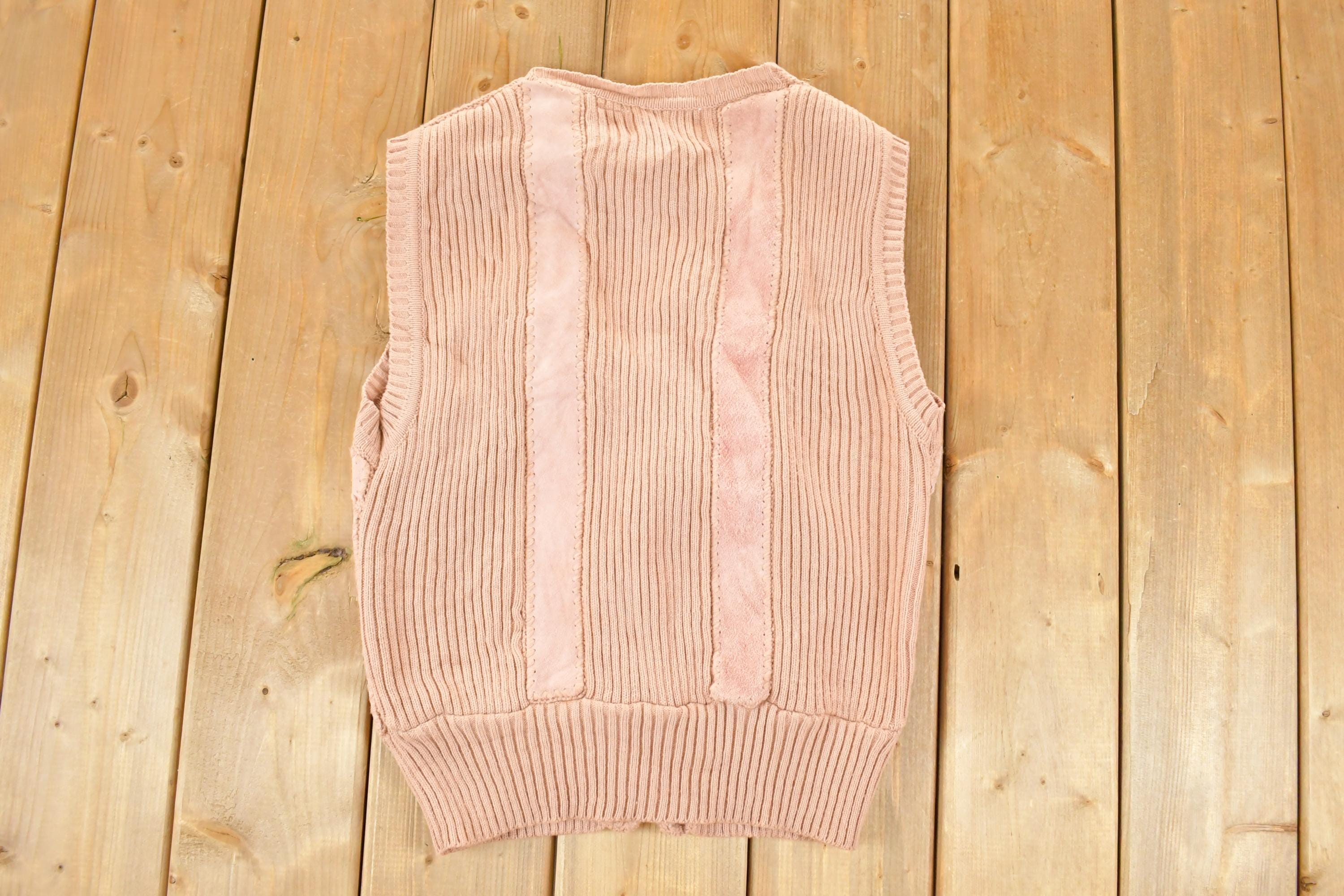 Vintage 1970s Tami Sportswear Abstract Knit Leather Cardigan Sweater Vest Women's S