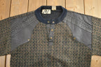 Vintage 1990s Trutus Biancarla Crazy Leather Knit Quarter Button Crewneck Sweater